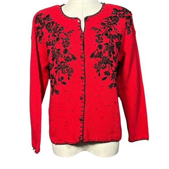 Heirloom Collectibles Sweaters - Vintage Heirloom Collectibles Cardigan Red Floral Beaded Sweater Small Petite